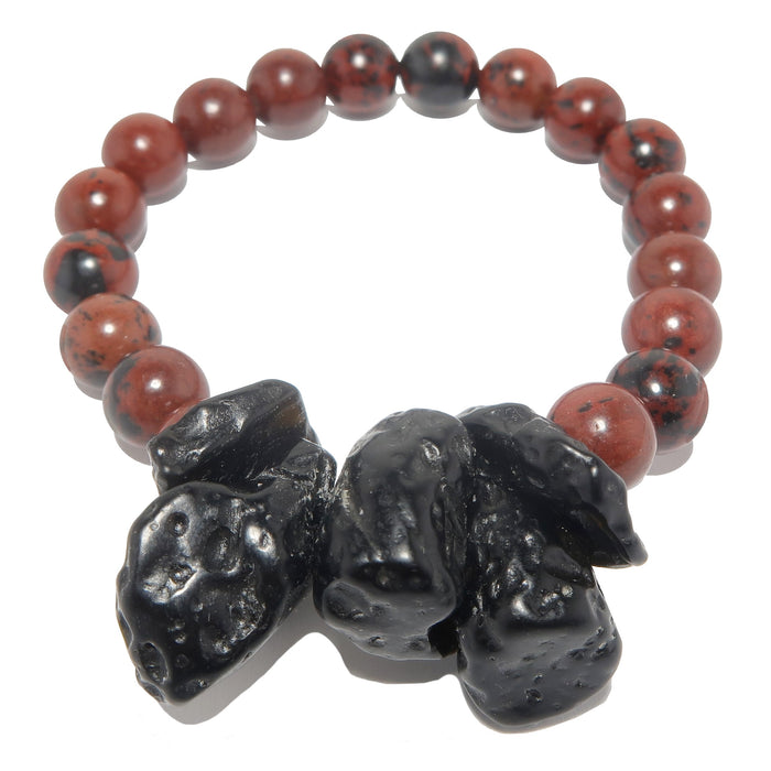 black tektite and red and black mahogany obsidian beaded stretch bracelet