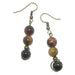 polished roundish golden brown, dark red, and blue-black Hawks Eye beads hang from antique brass-plated steel earwires. 