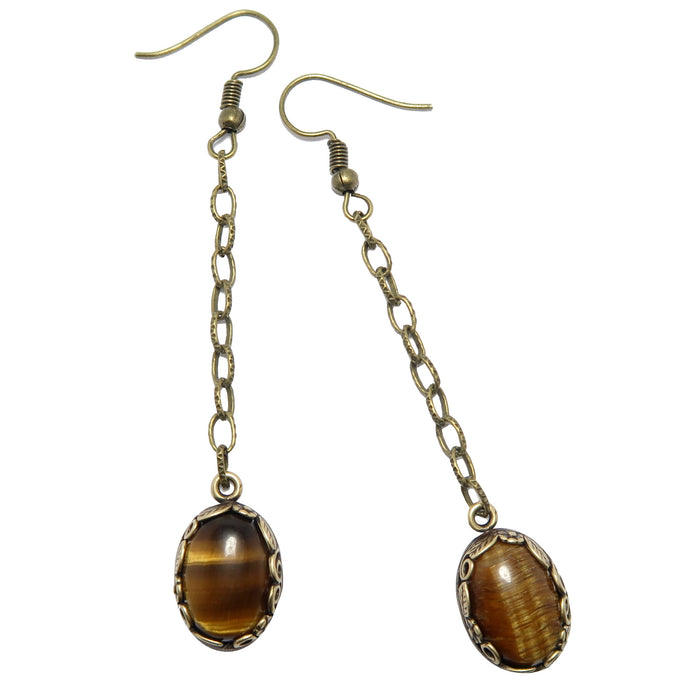 golden brown tigers eye oval stones in antique brass chain earrings