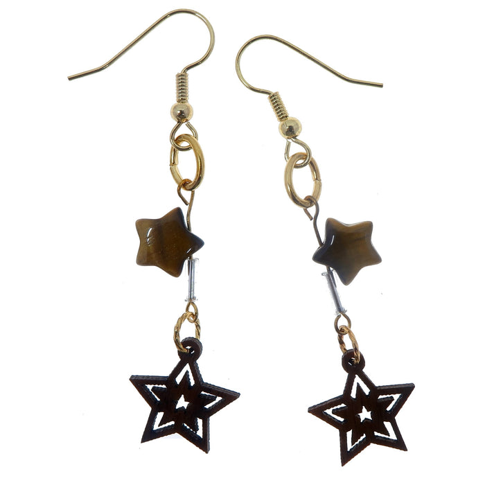 tigers eye stars and round beads with wooden star charms on golden wire earrings