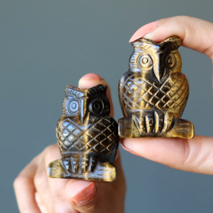 hands holding 2 Tigers Eye Owls