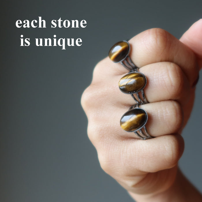 Tigers Eye Ring Attractive Confidence Stone Adjustable Gunmetal