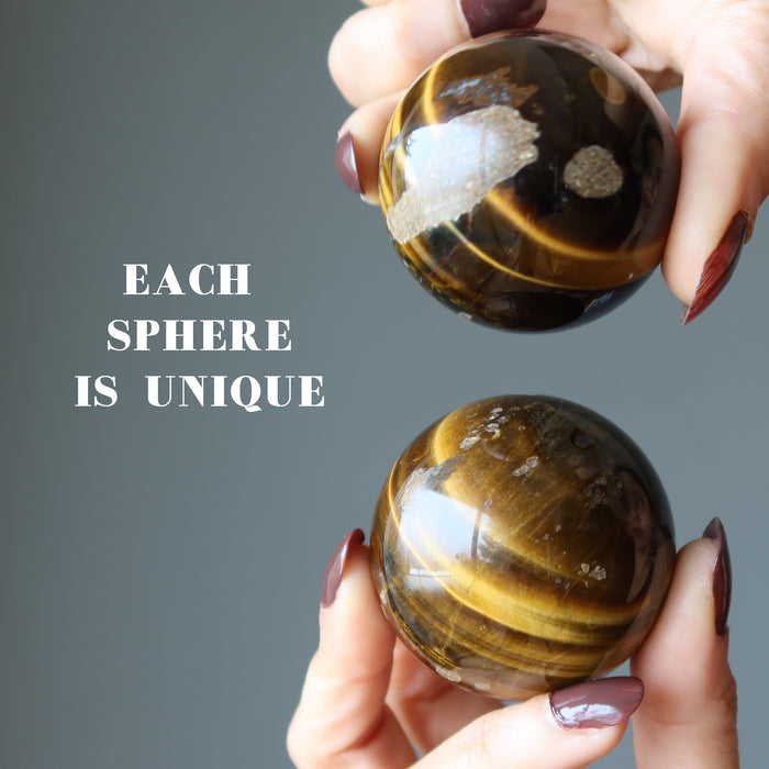 hands holding 2 Den Muddy Earth Tigers Eye Spheres