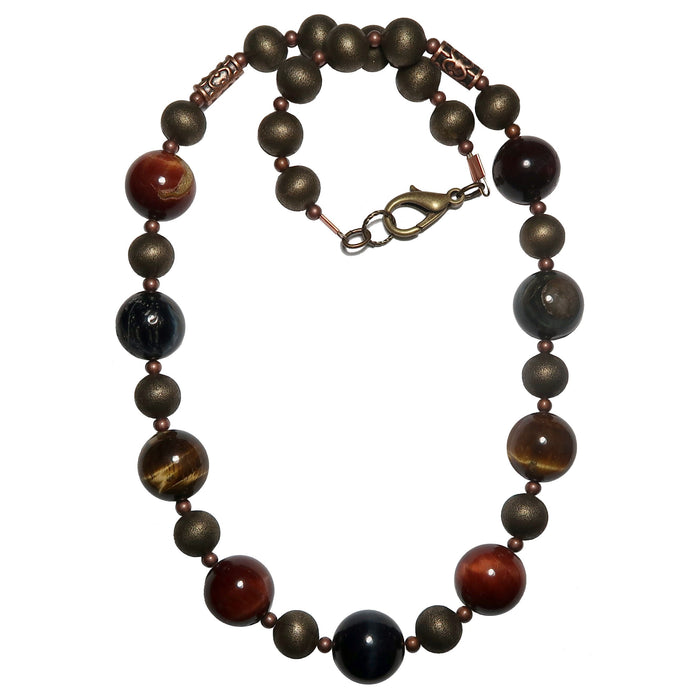 golden, blue and red tigers eye on antiqued beaded necklace