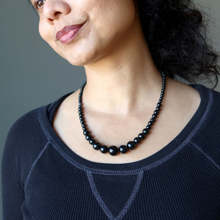 sheila of satin crystlals wearing gradual Black Tourmaline round bead Necklace 