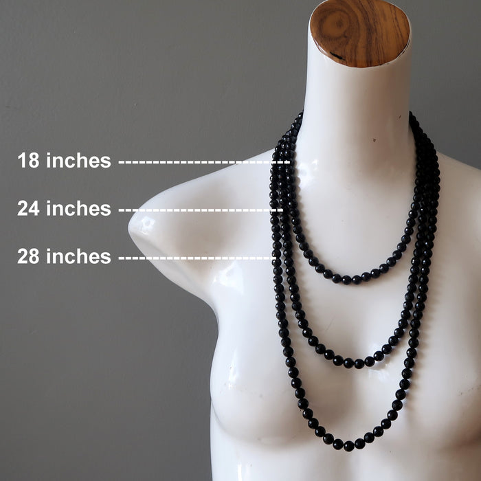 displaying 3 different sizes of faceted black tourmaline necklaces