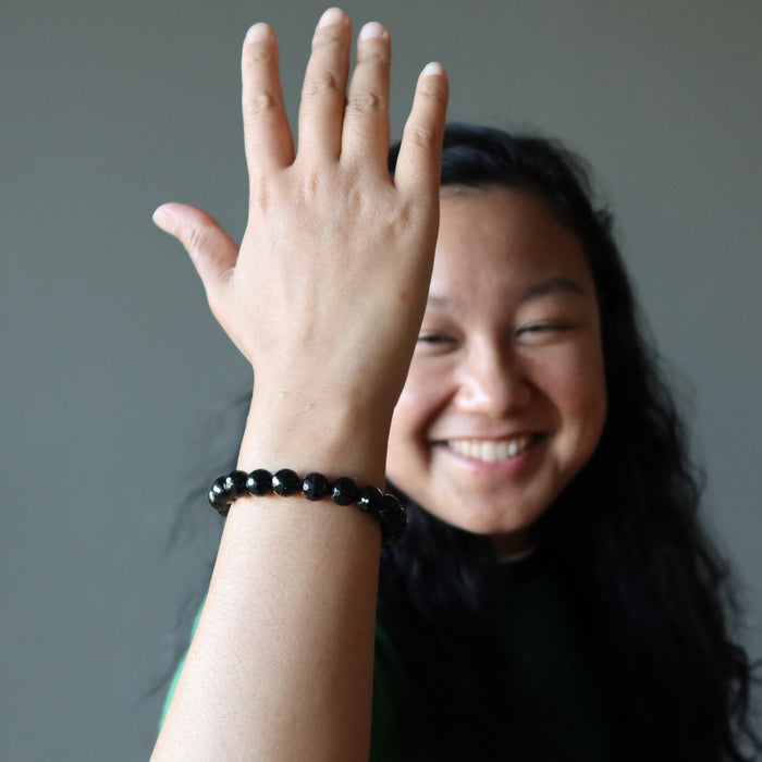 jessica of satin crystals wearing a faceted black tourmaline stretch bracelet