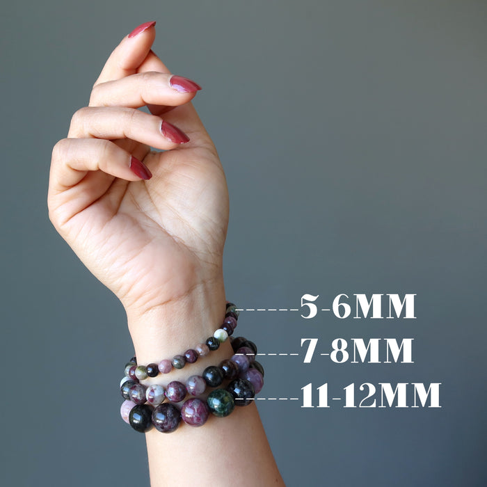 three rainbow tourmaline bracelets in different bead sizes