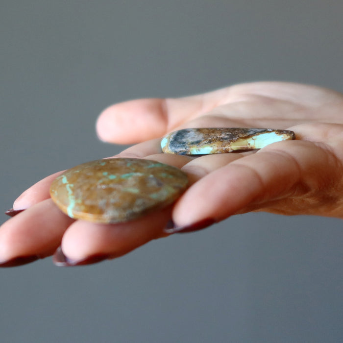 two Turquoise Polished Stones on the palm