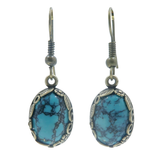 Blue Oval Antiqued Leaf Turquoise Earrings