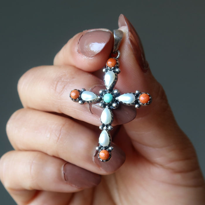turquoise, pearl, coral cross pendant