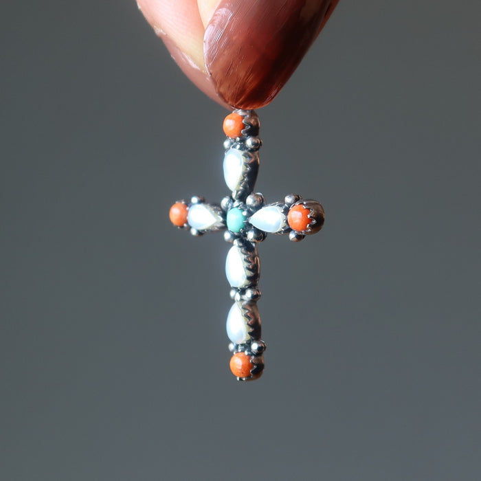turquoise, pearl, coral cross pendant
