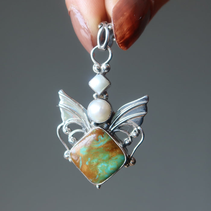 Turquoise Pendant White Pearl Angel Gem Sterling Silver