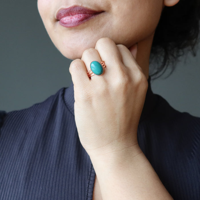 sheila of satin crystals wearing a turquoise copper ring