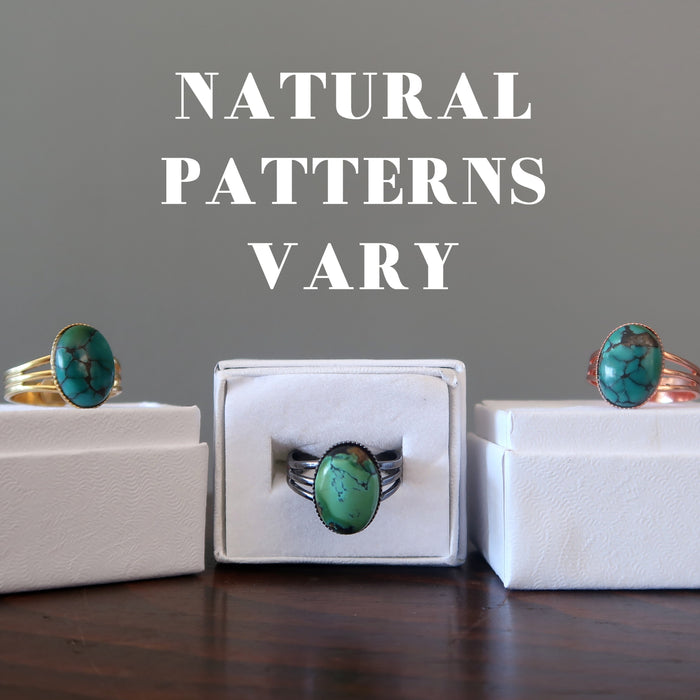 three turquoise rings showing natural patterns vary