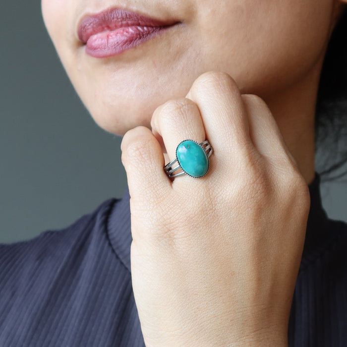 sheila of satin crystals wearing turquoise ring