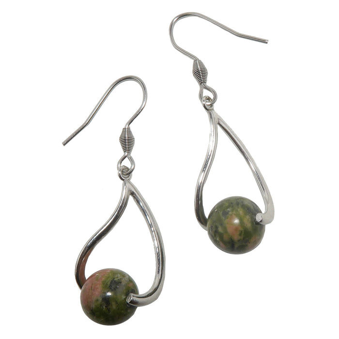 green and pink unakite stones on silver curve earrings