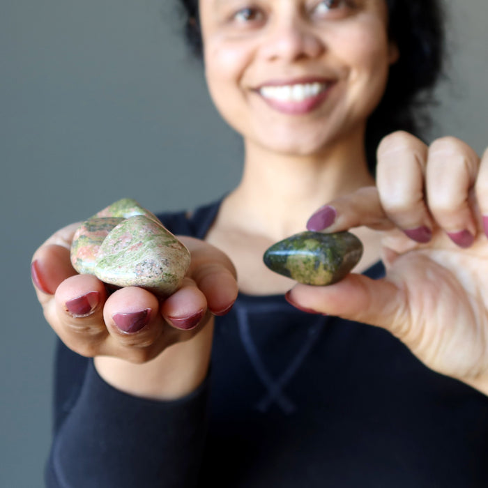 sheila holding Unakite Tumbled Stones