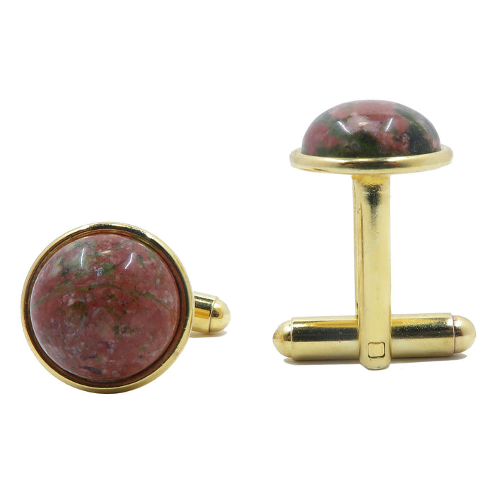 pink and green unakite circles in gold cufflinks