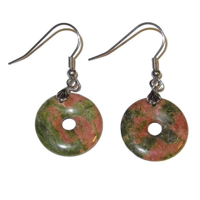 pink and green unakite donut stones on silver earrings